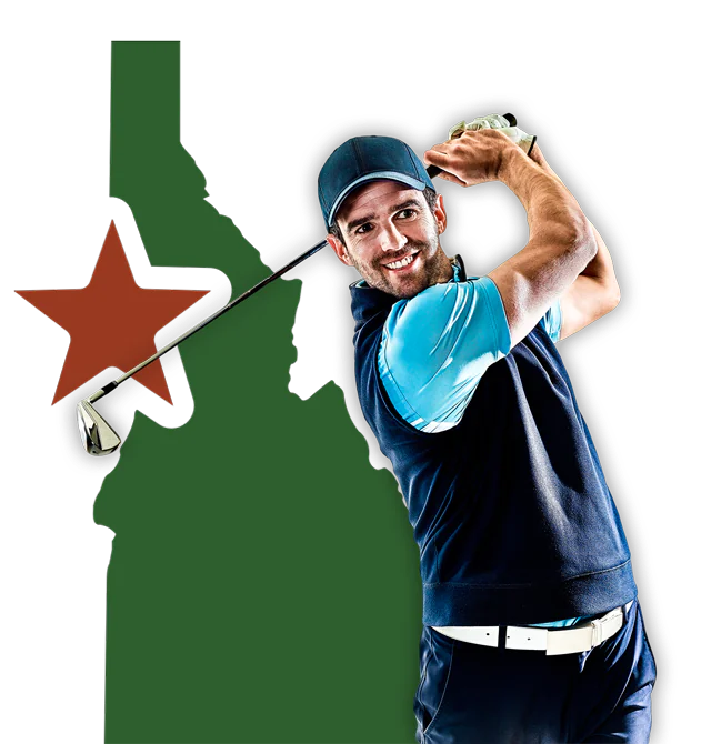 Golf Golfer in mid-swing with and illustrated outline of Idaho in the background