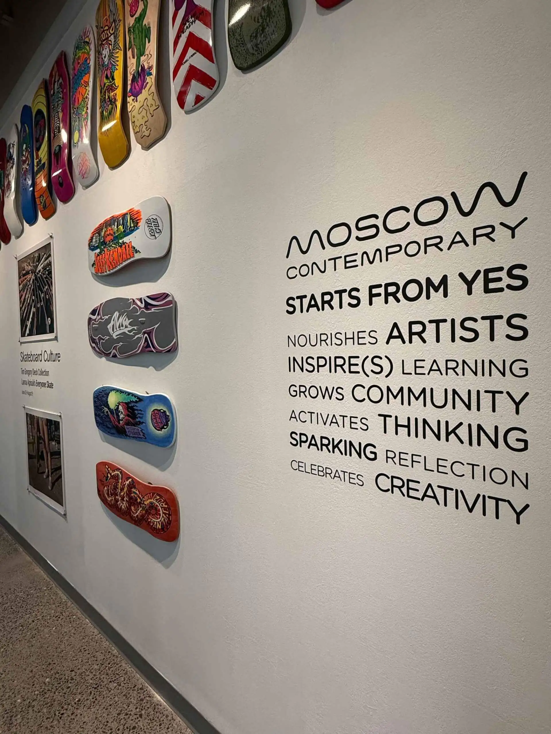 Skateboard art installation and creativity quote at Moscow Contemporary